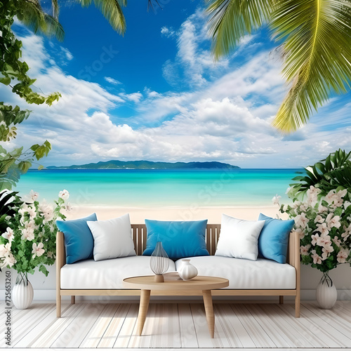 A seating place with a sofa , two vases with flowers, table in the middle,Palms leaves hanging from above, a background of a beach, golden yellow sand, the sea and sky is blue , white clouds, island