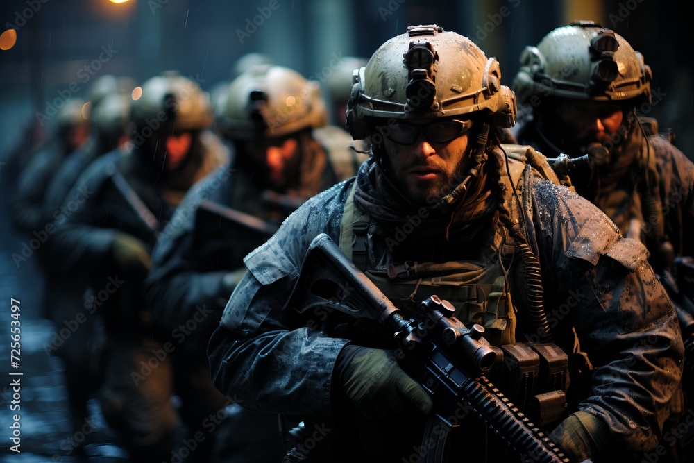 special forces soldier polices group with high technology gun and weapon working in night city special forces soldier polices group with high technology gun and weapon working in night city
