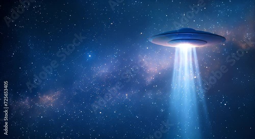 UFO emitting light in outer space. The concept of exploring space and extraterrestrial civilizations. photo