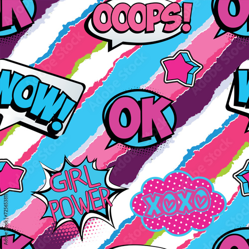 Seamless pattern with girl speech bubble. Modern girlish background for textile, prints, paper products, the Web. Girls pattern