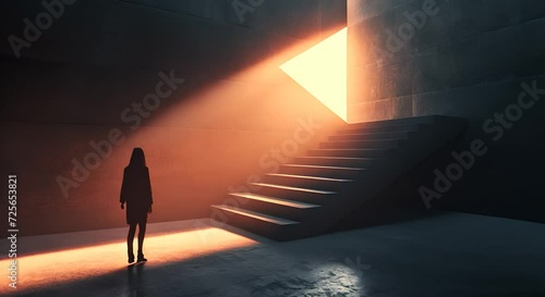 Woman at an illuminated staircase. Concept of personal growth and opportunities. photo