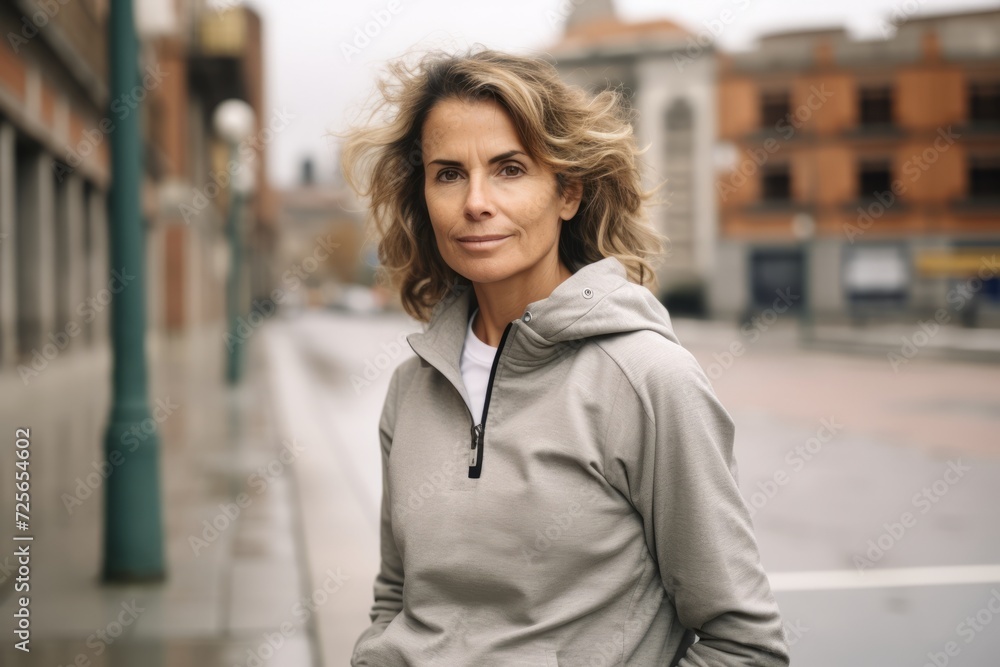 Portrait of a beautiful middle-aged woman with long wavy blond hair, wearing a grey hoodie, standing in an urban setting.