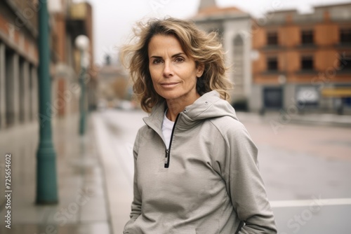 Portrait of a beautiful middle-aged woman with long wavy blond hair, wearing a grey hoodie, standing in an urban setting. © Nerea