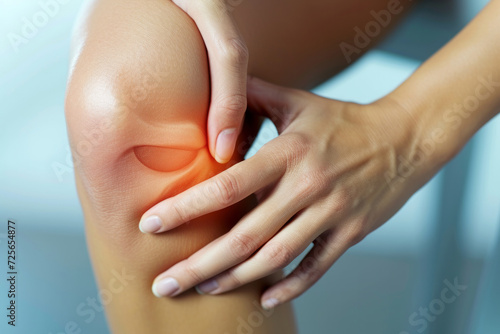 Joint pain  Arthritis and tendon problems. a man touching nee at pain point  isolated on white background. Knee pain  swelling  redness  stiffness in the knee  clinging noise in the knee.