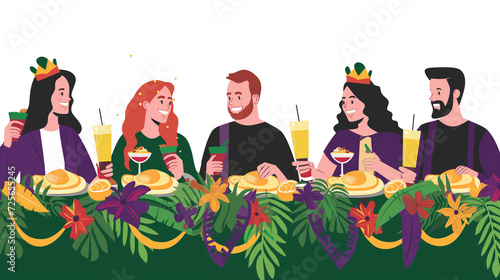 Digital drawing of a group of friends or family members celebrating and making a toast with fruit juice, sharing a meal, they are happy and smiling, having a great time together enjoying the party  photo