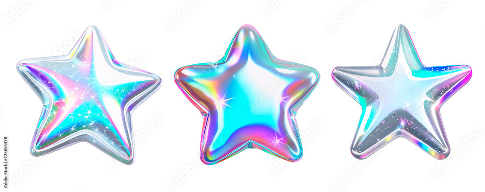 Shiny holographic stars set shaped object standing out against a plain white background. Shiny holographic stars set shaped object standing out against a plain white background.