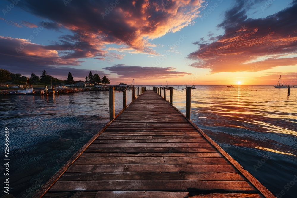 Fototapeta premium Old wooden dock at the lake, sunset shot