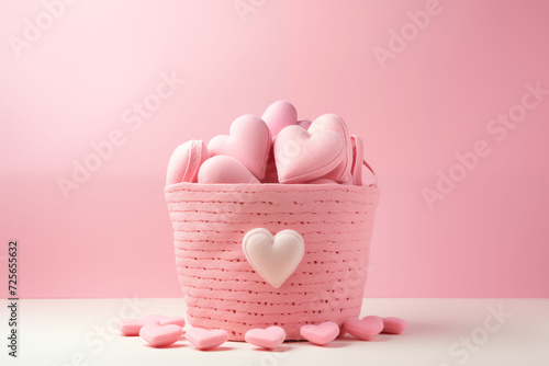 Romantic scene of pink hearts in a woven basket. Concept: Valentines Day gifts, expressions of love, or romantic events. Ideal for copy space.