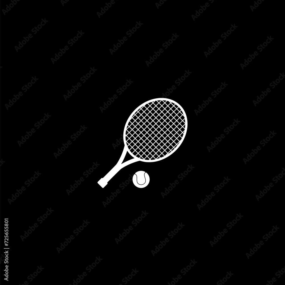Tennis racket and tennis ball icon isolated on dark background Tennis racket and tennis ball icon isolated on dark background