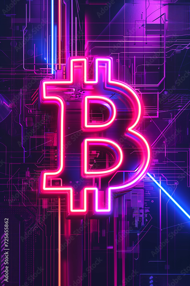 Obraz premium Cyberpunk style bitcoin symbol in pink neon on dark background