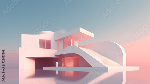 Bold and beautiful geometric architecture of a surreal modern villa,,
Modern minimalist round and curved shaped luxury house in sunrise photo