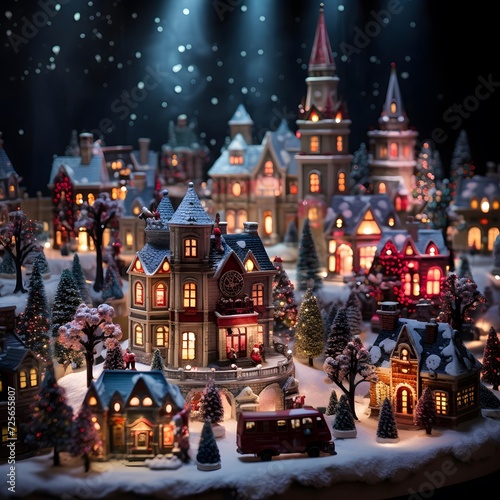 Christmas and new year miniature village on snow background. Holiday decoration.