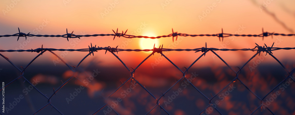 Dusk Silhouettes: Barbed Wire on Sunset. Silhouette of barbed wire against a warm sunset, representing a closed border at dusk. - obrazy, fototapety, plakaty 