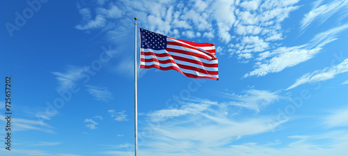 Patriotic Glory: American Flag and Sunburst. The American flag waving proudly against a bright blue sky, sunburst in the background.