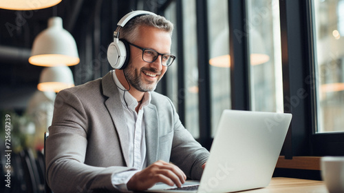 Smiling businessman in headphones using laptop and listening to music in cafe photo