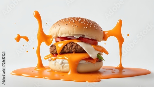 Hamburger cheeseburger splash sauce on white Background photo