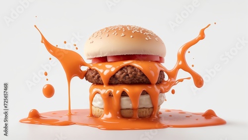 Hamburger cheeseburger splash sauce on white Background photo