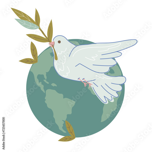 Dove with olive branch flying over the planet, vector illustration isolated on white background. Illustration on the theme of peace and anti-war symbol.