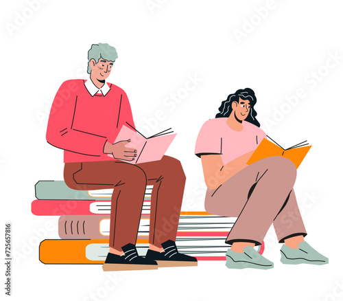 People man and woman read books, flat cartoon vector illustration isolated on white background. Characters for reading hobby, bookcrossing or education topics.