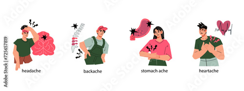 Pain, aches, sickness, and illness infographic banner. People suffering of pain, flat vector illustration isolated on white. Guide to identify common illnesses and take care of yourself.