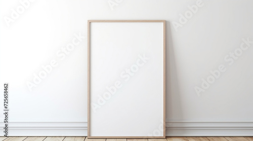 blank wooden vertical frame mock up, wooden frame poster on wooden floor with white wall, empty picture frame mockup