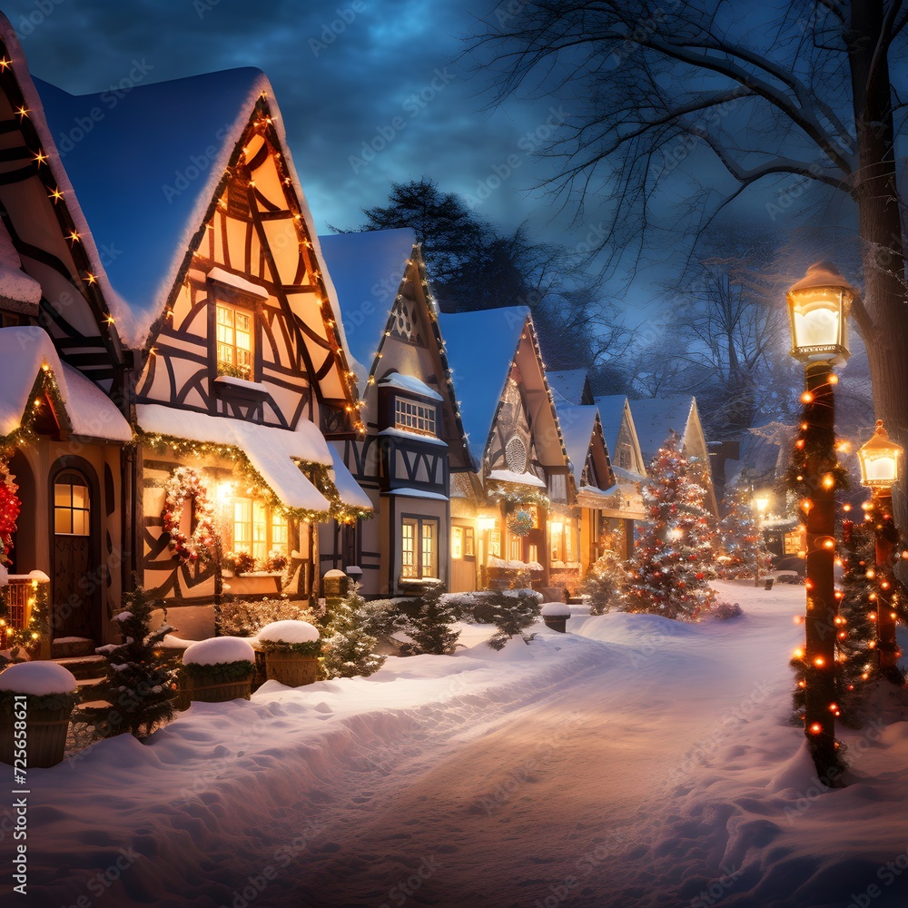 Christmas and New Year holidays background. Christmas trees in a snowy village.