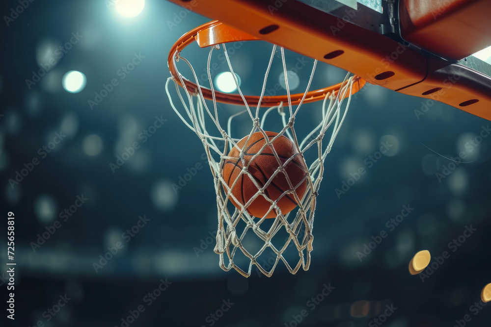 basketball game ball in hoop. winning points at a basketball game. Basketball, ball going through hoop. detail shot. Basketball going through the basket at a sports arena