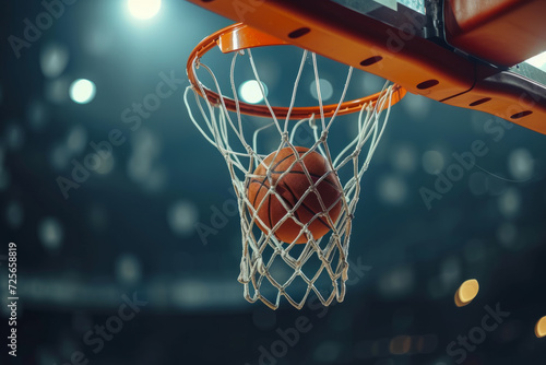 basketball game ball in hoop. winning points at a basketball game. Basketball, ball going through hoop. detail shot. Basketball going through the basket at a sports arena