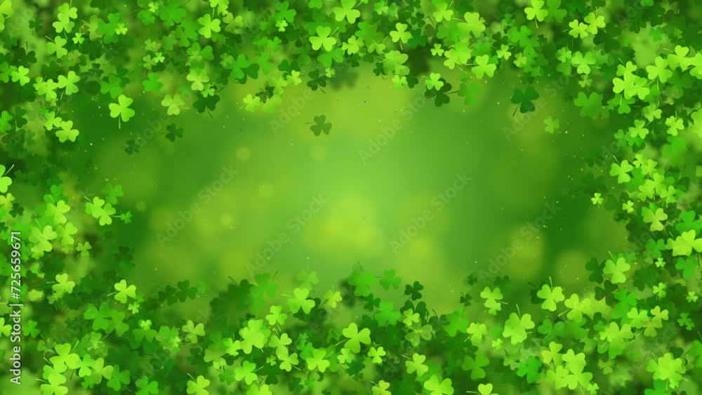 Rectangular animated frame with shamrocks on an abstract green looped background with beautiful bokeh. Copy space. Rectangular animated frame with shamrocks on an abstract green looped background with beautiful bokeh. Copy space.