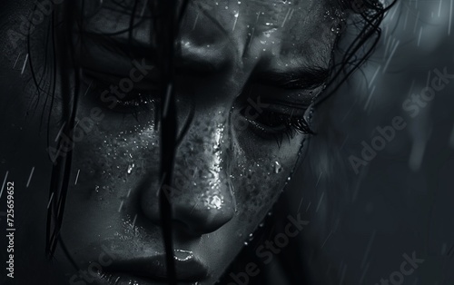 a tear-streaked young person in the rain. The close-up reflects the inner turmoil of teenage solitude and despair