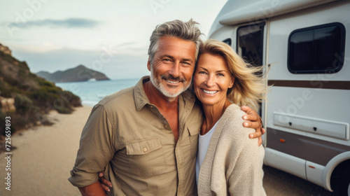 Portrait of happy couple standing by camper van on the beach