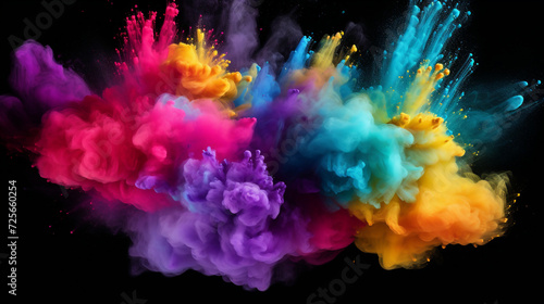 Colored powder explosion on a transparent background. Abstract closeup dust on backdrop. Colorful explode. Paint holi isolated on transparent background © Lansk