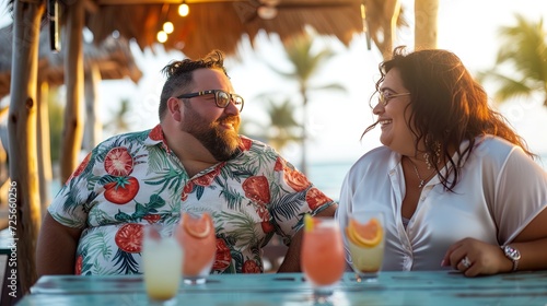In the warm, golden light of sunset, a couple in vibrant resort wear shares a moment of genuine connection, their smiles and laughter echoing the joy of a perfect holiday evening