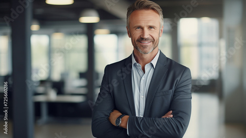 mature 50 year old confident professional manager, confident businessman investor looking at camera, smiling mid aged older business man executive standing in office, portrait photo