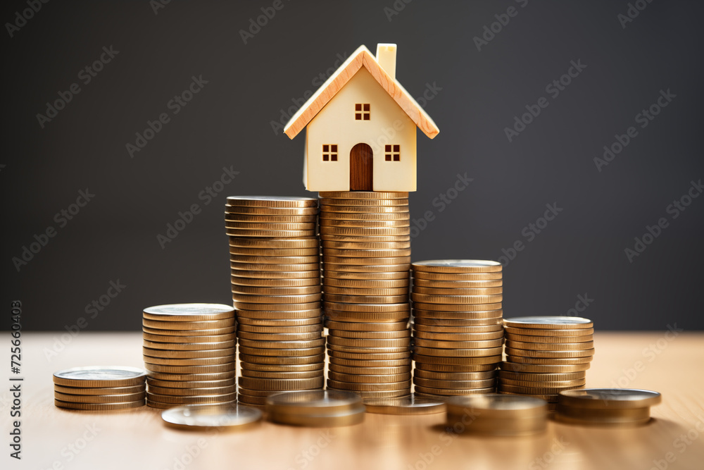 House sitting on stacked coins representing wealth building through real estate and home equity House sitting on stacked coins representing wealth building through real estate and home equity