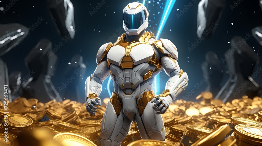 Fototapeta premium Gleaming white and gold fantasy robot in 3d rendering, concept of advanced futuristic technology, banner