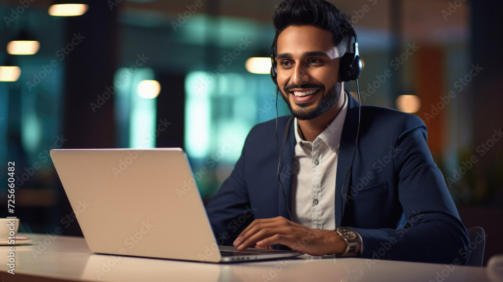 Smiling indian businessman with headset working on laptop at night office Smiling indian businessman with headset working on laptop at night office