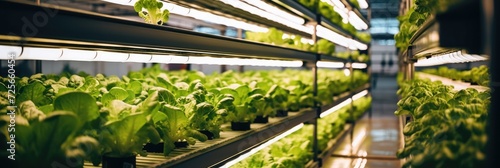 Farm vertical vegetable plants in water under artificial lighting  indoors  Sustainable agriculture  food concept.