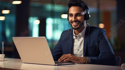 Smiling indian businessman with headset working on laptop at night office © Art AI Gallery
