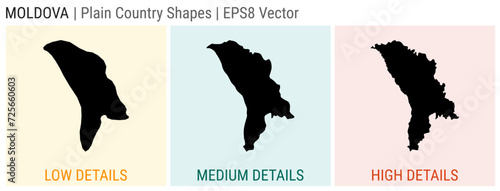 Moldova - plain country shapes. Low, medium, and high detailed maps of Moldova. EPS8 Vector illustration.