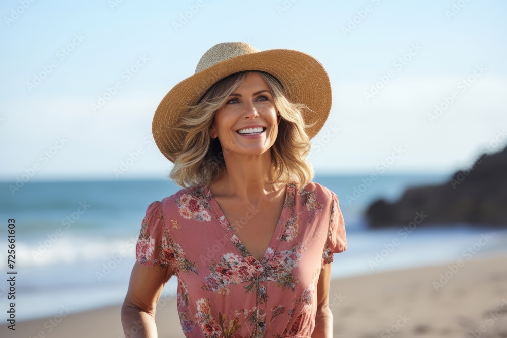Portrait of happy mature woman in straw hat standing on beach and looking away