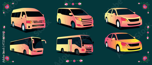 Cars of different types of illustrations set side view of the bus, sedan, minibus, micro, mini micro