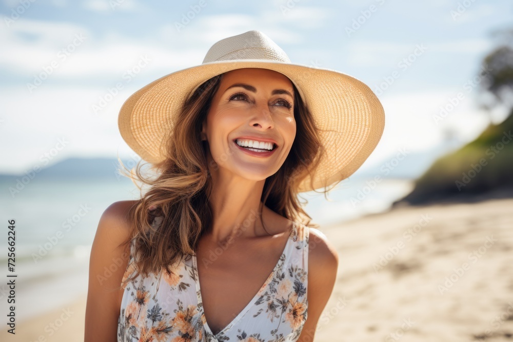 Portrait of beautiful young woman in hat and summer dress on the beach