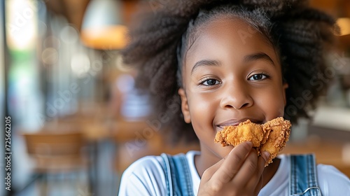 Happy preteen enjoying chicken nuggets in restaurant with blurred background and copy space