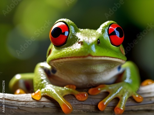 Detailed macro photography of a green frog with vivid red eyes, artistically perched on a tree branch, with a focus on the contrast of colors and natural environment, generative ai