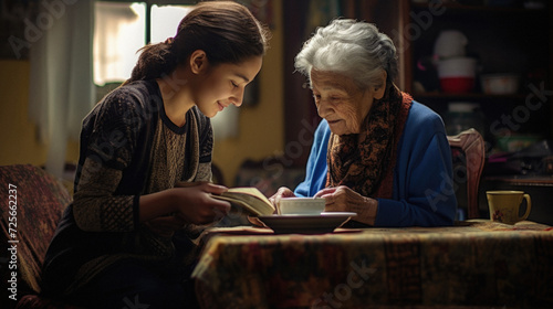 Elderly woman reading a book with her granddaughter at home .