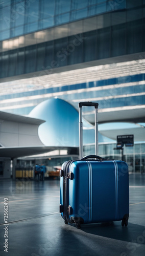 Travel luggage blue suitcase in terminal empty departures, travel concept, holidays concept space for text
