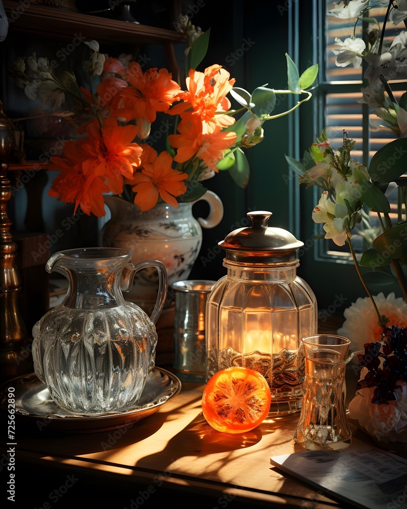 Vintage still life with glass candlesticks, vases and flowers