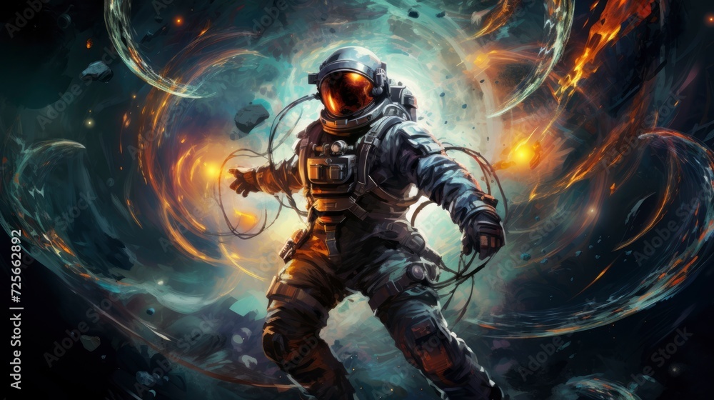 An astronaut in a spacesuit hovers weightlessly with a dramatic vista of planets, stars, and nebulae in the background. Generative ai
