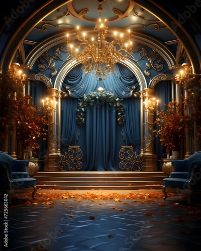 Luxury classic interior with blue curtains and golden columns. 3D rendering